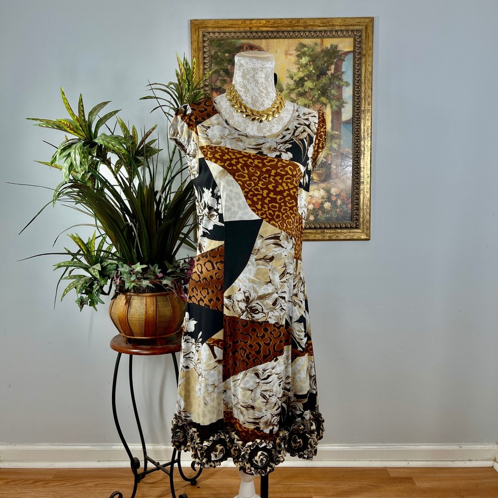 Argenti Dress Womens 10 Brown Polyester Animal Floral Patchwork Ruffle Rosette